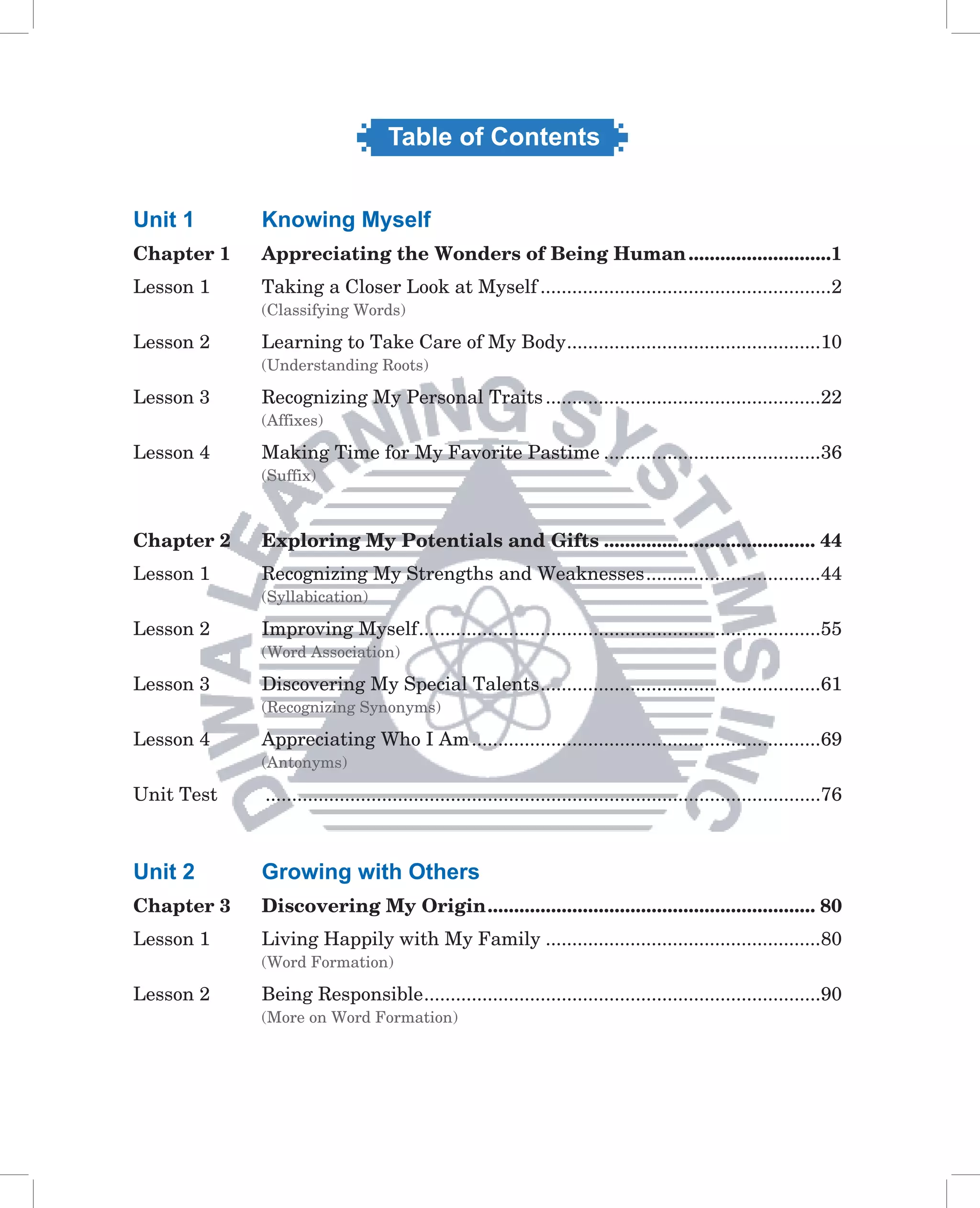 Table of Contents


Unit 1      Knowing Myself
Chapter 1   Appreciating the Wonders of Being Human ...........................1
Lesson 1    Taking a Closer Look at Myself .......................................................2
            (Classifying Words)

Lesson 2    Learning to Take Care of My Body ................................................10
            (Understanding Roots)

Lesson 3    Recognizing My Personal Traits ....................................................22
            (Affixes)

Lesson 4    Making Time for My Favorite Pastime .........................................36
            (Suffix)



Chapter 2   Exploring My Potentials and Gifts ........................................ 44
Lesson 1    Recognizing My Strengths and Weaknesses .................................44
            (Syllabication)

Lesson 2    Improving Myself ............................................................................55
            (Word Association)

Lesson 3    Discovering My Special Talents .....................................................61
            (Recognizing Synonyms)

Lesson 4    Appreciating Who I Am ..................................................................69
            (Antonyms)

Unit Test   .........................................................................................................76



Unit 2      Growing with Others
Chapter 3   Discovering My Origin .............................................................. 80
Lesson 1    Living Happily with My Family ....................................................80
            (Word Formation)

Lesson 2    Being Responsible ...........................................................................90
            (More on Word Formation)
 