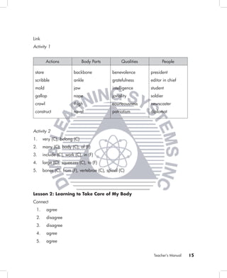 Link
Activity 1


         Actions              Body Parts           Qualities         People

 stare                  backbone              benevolence      president
 scribble               ankle                 gratefulness     editor in chief
 mold                   jaw                   intelligence     student
 gallop                 nape                  joviality        soldier
 crawl                  thigh                 courteousness    newscaster
 construct              navel                 patriotism       diplomat



Activity 2
1.     very (C), belong (C)
2.     many (C), body (C), of (F)
3.     include (C), work (C), in (F)
4.     large (C), squeezes (C), to (F)
5.     bones (C), from (F), vertebrae (C), spinal (C)




Lesson 2: Learning to Take Care of My Body
Connect
 1.      agree
 2.      disagree
 3.      disagree
 4.      agree
 5.      agree


                                                                Teacher’s Manual   15
 