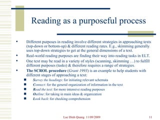 Reading as a purposeful process Different purposes in reading involve different strategies in approaching texts (top-down or bottom-up) & different reading rates. E.g., skimming generally uses top-down strategies to get at the general dimensions of a text. Real-world reading purposes are finding their way into reading tasks in ELT. One text may be read in a variety of styles (scanning, skimming …) to fulfill different purposes (tasks) & therefore requires a range of strategies. The SCROL procedure  ( Grant 1993 ) is an example to help students with different stages of approaching a text: S urvey the headings : for initiating relevant schemata C onnect : for the general organization of information in the text R ead the text : for more intensive reading purposes O utline : for taking in main ideas & organization L ook back : for checking comprehension 