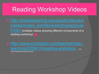  http://insideteaching.org/quest/collection
s/sites/myers_jennifer/workshopapproac
h.htm (multiple videos showing different components of a
reading workshop)
 http://www.scholastic.com/teachers/top_
teaching/2009/10/reading-workshop (5:49
Typical Reading Workshop Structure)
Reading Workshop Videos
 