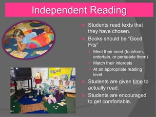  Students read texts that
they have chosen.
 Books should be “Good
Fits”
 Meet their need (to inform,
entertain, or persuade them)
 Match their interests
 At an appropriate reading
level
 Students are given time to
actually read.
 Students are encouraged
to get comfortable.
Independent Reading
 