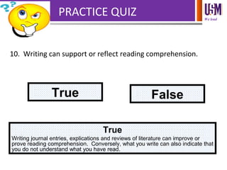 We lead
PRACTICE QUIZ
10. Writing can support or reflect reading comprehension.
True False
True
Writing journal entries, explications and reviews of literature can improve or
prove reading comprehension. Conversely, what you write can also indicate that
you do not understand what you have read.
 