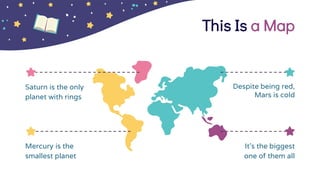 This Is a Map
Mercury is the
smallest planet
Despite being red,
Mars is cold
It's the biggest
one of them all
Saturn is the only
planet with rings
 