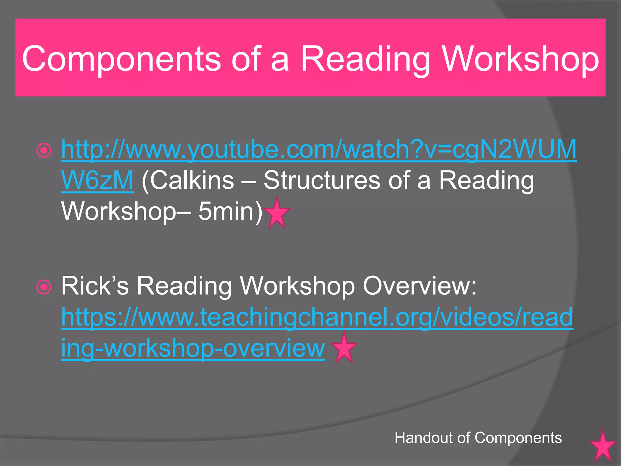 Components of a Reading Workshop


http://www.youtube.com/watch?v=cgN2WUM
W6zM (Calkins – Structures of a Reading
Workshop– 5min)



Rick’s Reading Workshop Overview:
https://www.teachingchannel.org/videos/read
ing-workshop-overview

Handout of Components

 