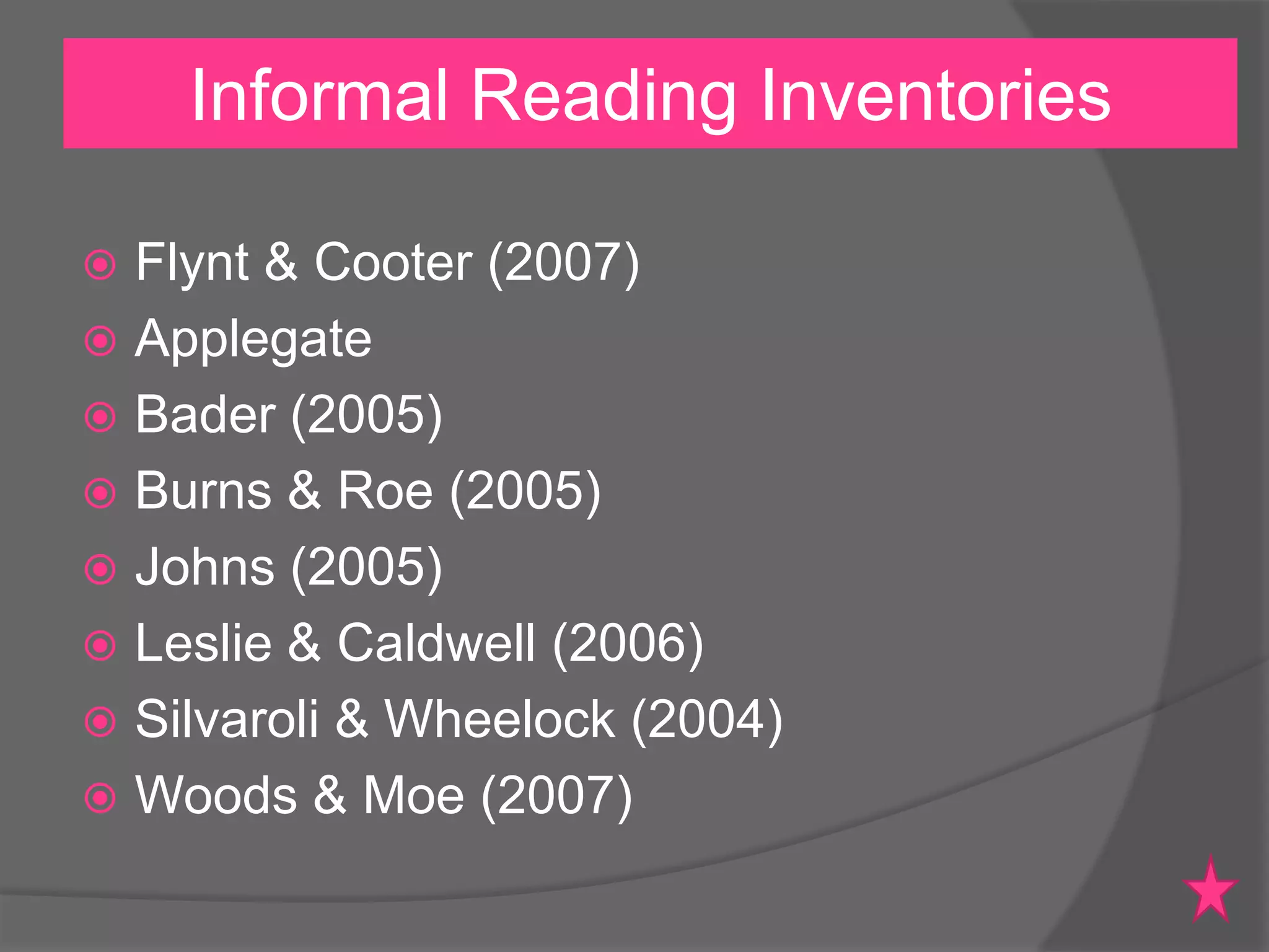 Informal Reading Inventories
Flynt & Cooter (2007)
 Applegate
 Bader (2005)
 Burns & Roe (2005)
 Johns (2005)
 Leslie & Caldwell (2006)
 Silvaroli & Wheelock (2004)
 Woods & Moe (2007)


 
