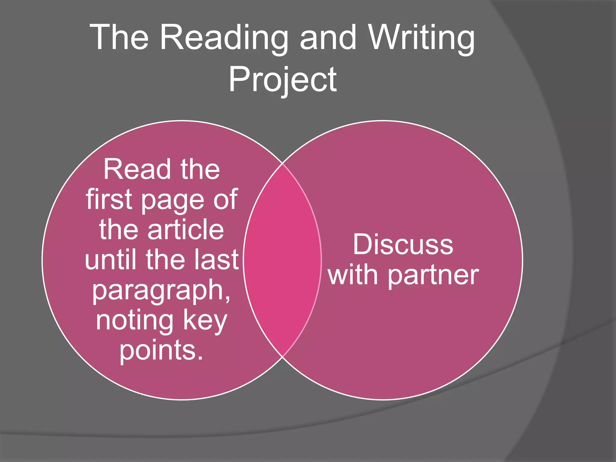 The Reading and Writing
Project
Read the
first page of
the article
until the last
paragraph,
noting key
points.

Discuss
with partner

 