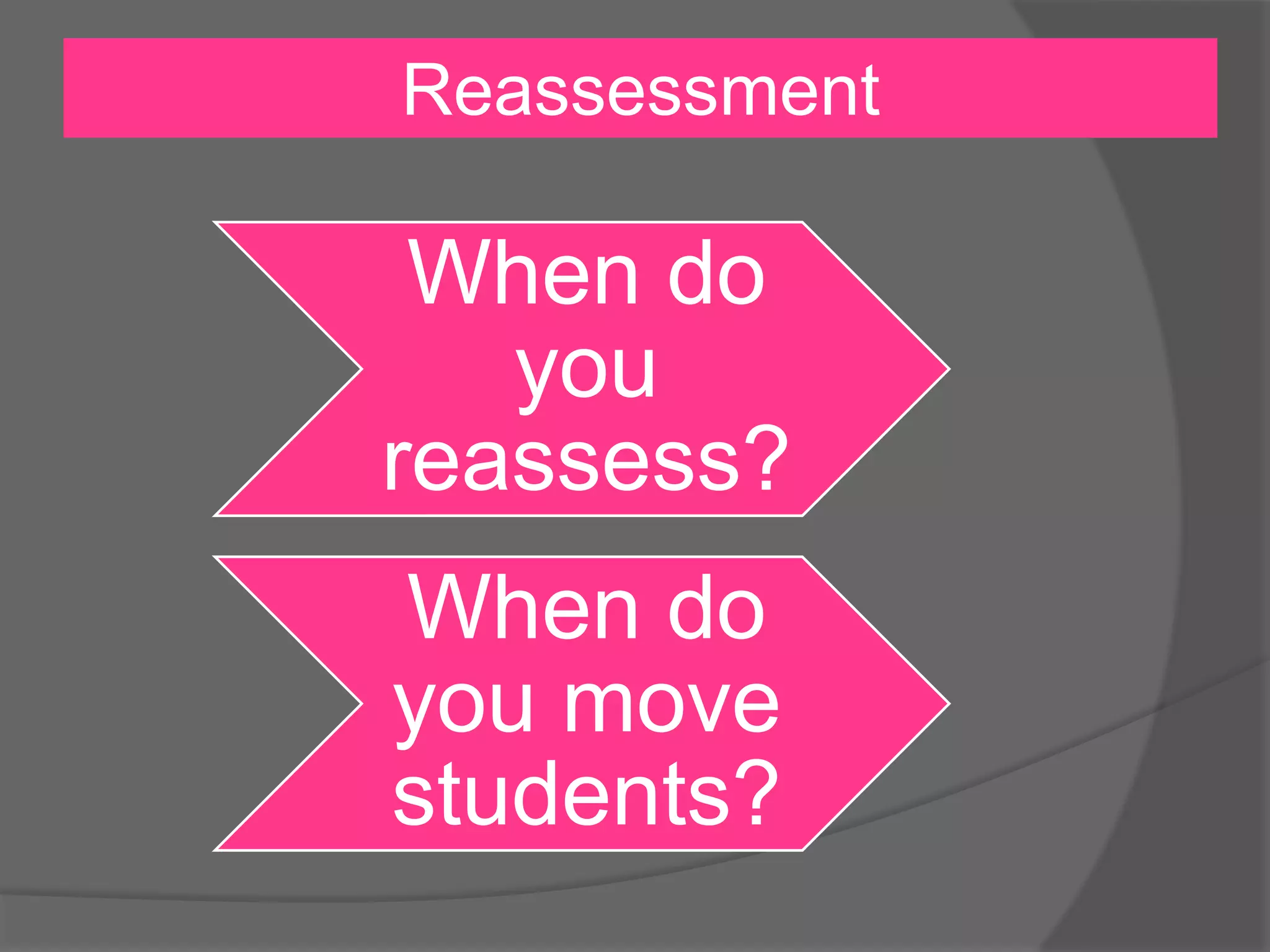 Reassessment
When do
you
reassess?
When do
you move
students?
 