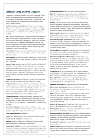 15
Glossary: Using a shared language
Professions each tend to have a particular “language”, which
is used to convey specific meanings within that profession.
As education professionals, school leaders and teachers use
certain words and terms with specific meanings to ensure
shared understanding.
Academic language or vocabulary: terms that are commonly used
in the classroom and in learning contexts but not often in everyday
contexts. Academic vocabulary includes the vocabulary required for
classroom discussion and curriculum work, for example, “define”,
“method”.
Ako: a Māori concept describing a teaching and learning relationship
where the educator is also learning from the student. The concept
incorporates the linked ideas that educators’ practices are informed
by the latest research and are both deliberate and reﬂective; that
educators need to know and respect students’ language, identity, and
culture; and that educators, students, whānau, hapū, and iwi share
knowledge in productive partnerships.
Automaticity: the automatic processing of information as, for example,
when a reader or writer does not need to pause to work out words as
they read or write
Book language: the kinds of structures and vocabulary typically found
in storybooks rather than in oral language, for example, “Once upon a
time”; “said Mum”
Cognitive impairment: an impairment (such as intellectual disability)
that affects a person’s ability to think, reason, learn, or understand
Cognitive resources: the knowledge, strategies, and awareness that
students draw on to make meaning as they read and write. As reading
and writing develop, some aspects of reading and writing become
automatic, freeing up cognitive resources to deal with other aspects
of tasks.
Competing information: information in a text that doesn’t match the
reader’s purpose for reading and tends to distract the reader
Complex sentence: a sentence that has a main clause and at least
one subordinate clause, which begins with a subordinating conjunction
such as “when”, “how”, “because”, “although”, and so on – for
example, “She could paint amazing pictures [main clause] although
she was only six [subordinate clause].” The subordinate clause is
dependent on the main clause and cannot stand alone.
Compound sentence: a sentence consisting of at least two main
clauses. The clauses are independent of each other (each one could
stand alone) and are linked by a co-ordinating conjunction such as
“and”, “but”, or “or”, for example, “I mowed the lawn, but you trimmed
the edges.”
Connotative language: words and phrases that may be used
deliberately to evoke particular associations in readers’ minds and to
affect the way in which readers interpret the text
Constrained reading skills: see page 9
Content (of a text): the ideas or information contained within a text
Content-specific vocabulary: see topic words
Dialogue: speech in written form. In the context of early reading,
dialogue means direct speech using speech marks.
Evaluating (by students): considering selected ideas and information
in the text in relation to their purpose for reading. Students generalise
from the ideas and information in the text and make judgments about
them by drawing on their own knowledge and experience.
Expressive vocabulary: vivid, lively, and/or emotive language
Figurative language: language that uses images to build meaning
without literal description and often without direct comparison,
for example, by using metaphor, as in “a green island fringed by a
turquoise lagoon”
Fluency: the ability to speak, read, or write rapidly and accurately,
focusing on meaning and phrasing without having to give laborious
attention to the individual words or the common forms and sequences
of the language. (The term “fluency” is also used to refer to the upper
levels of the Ready to Read colour wheel.)
Guided reading level: the level of text that a student can manage as
they individually read the text in a supported instructional situation.
Refer to chapter 4 of the Effective Literacy Practice books.
Independently, largely by themselves: with minimal support.
The amount of support given and the way the student responds will
help the teacher to make a professional judgment about the extent
of control the student has over their own reading or writing. See also
unassisted student writing.
Integrating (by the student): bringing ideas and information together
and considering how they link to other ideas, features, or structures
and to their own prior knowledge and experience
Interactive tools (reading and writing): tools that students use to
interact reflectively with texts, tasks, and the world to meet learning
purposes across the curriculum.  Students use reading and writing
in ways that help them to think, to construct and create meaning,
and to communicate information and ideas.  As their expertise
develops, students use their reading and writing to become more
reflective about their learning.
Interest words: words that have a high interest value for a student
and are therefore often learned quickly. They may be associated with
particular interests, such as dinosaurs or roles in a team sport.
Key competencies: capabilities for living and lifelong learning.
They are the key to learning in every area. The key competencies
are specified in The New Zealand Curriculum.
Largely by themselves: see independently, largely by themselves
Letter–sound relationships: the way certain letters or letter
combinations in written language correspond to or represent certain
sounds in spoken language
Level: a term used for the colour wheel levels of the Ready to Read
series, the year levels of school classes, and the eight levels of
learning that structure the New Zealand Curriculum. The term is also
used in this book more generally, for example, to refer to levels of
difficulty or of expertise.
Locating (by students): searching for and finding information and
ideas for specific purposes related to curriculum tasks
Metacognition: a person’s awareness of how they think and learn; the
process of thinking about one’s own learning
Non-continuous text structures: text structures that are not based on
sentences organised into paragraphs, for example, charts and graphs,
tables and matrices, diagrams, maps, forms, information sheets,
advertisements, vouchers, and certificates
Overall teacher judgments: see page 13 for information about overall
teacher judgments
Personal vocabulary: words and phrases that have personal meaning
for the reader or writer, such as familiar names and words for places,
activities, actions, and feelings that are important to that person
 