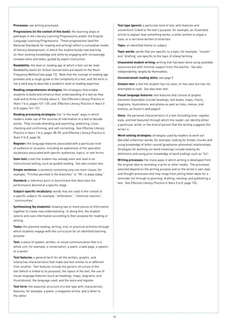 16
Processes: see writing processes
Progressions (in the context of this book): the learning steps or
pathways in the Literacy Learning Progressions and/or the English
Language Learning Progressions. These progressions (and the
National Standards for reading and writing) reflect a cumulative model
of literacy development, in which the student builds new learning
on their existing knowledge and skills by engaging with increasingly
complex texts and tasks, guided by expert instruction.
Readability: the level or reading age at which a text can be read.
Readability levels for School Journal texts are based on the Noun
Frequency Method (see page 12). Note that the concept of reading age
provides only a rough guide to the complexity of a text, and the term is
not a valid way to describe a student’s level of reading expertise.
Reading comprehension strategies: the strategies that enable
students to build and enhance their understanding of a text as they
read and to think critically about it. See Effective Literacy Practice in
Years 1 to 4, pages 131–135, and Effective Literacy Practice in Years 5
to 8, pages 141–151.
Reading processing strategies: the “in the head” ways in which
readers make use of the sources of information in a text to decode
words. They include attending and searching, predicting, cross-
checking and confirming, and self-correcting. See Effective Literacy
Practice in Years 1 to 4, pages 38–39, and Effective Literacy Practice in
Years 5 to 8, page 36.
Register: the language features associated with a particular kind
of audience or occasion, including an awareness of the specialist
vocabulary associated with specific audiences, topics, or text forms
Seen text: a text the student has already seen and read in an
instructional setting, such as guided reading. See also unseen text.
Simple sentence: a sentence containing only one main clause, for
example, “Finches perched in the branches” or “Mi‘i is away today.”
Standard: a reference point or benchmark that describes the
performance desired at a specific stage
Subject-specific vocabulary: words that are used in the context of
a specific subject, for example, “alliteration”, “chemical reaction”,
“communities”
Synthesising (by students): drawing two or more pieces of information
together to create new understanding. In doing this, the student
selects and uses information according to their purpose for reading or
writing.
Tasks: the planned reading, writing, oral, or practical activities through
which students engage with the curriculum for an identified learning
purpose
Text: a piece of spoken, written, or visual communication that is a
whole unit, for example, a conversation, a poem, a web page, a speech,
or a poster
Text features: a general term for all the written, graphic, and
interactive characteristics that make one text similar to or different
from another. Text features include the generic structure of the
text (which is linked to its purpose); the layout of the text; the use of
visual language features (such as headings, maps, diagrams, and
illustrations); the language used; and the voice and register.
Text form: the essential structure of a text type with characteristic
features, for example, a poem, a magazine article, and a letter to
the editor
Text type (genre): a particular kind of text, with features and
conventions linked to the text’s purpose, for example, an illustrated
article to explain how something works, a letter written to argue a
case, or a narrative written to entertain
Topic: an identified theme or subject
Topic words: words that are specific to a topic; for example, “muster”
and “drafting” are specific to the topic of sheep farming
Unassisted student writing: writing that has been done using available
resources but with minimal support from the teacher. See also
independently, largely by themselves.
Unconstrained reading skills: see page 9
Unseen text: a text the student has not seen, or has seen but has not
attempted to read. See also seen text.
Visual language features: text features that consist of graphic
elements (examples include headings, text boxes, maps, charts,
diagrams, illustrations, and photos as well as links, menus, and
buttons, as found in web pages)
Voice: the personal characteristics in a text (including tone, register,
style, and text features) through which the reader can identify either
a particular writer or the kind of person that the writing suggests the
writer is
Word-solving strategies: strategies used by readers to work out
(decode) unfamiliar words, for example, looking for known chunks and
using knowledge of letter–sound (grapheme–phoneme) relationships.
Strategies for working out word meanings include looking for
definitions and using prior knowledge of word endings such as “ful”.
Writing processes: the many ways in which writing is developed from
the original idea to recording in print or other media. The processes
selected depend on the writing purpose and on the writer’s own style
and thought processes and may range from jotting down ideas for a
reminder list through to planning, drafting, revising, and publishing a
text. See Effective Literacy Practice in Years 5 to 8, page 153.
 