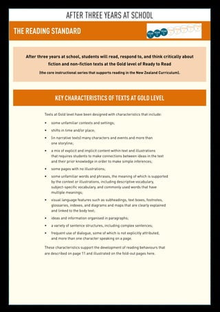 After Three years at school
THE READING STANDARD YEAR
3
YEAR
5
YEAR
6
YEAR
7
YEAR
8
YEAR
2
YEAR
4YEAR
1
After three years at school, students will read, respond to, and think critically about
fiction and non-fiction texts at the Gold level of Ready to Read
(the core instructional series that supports reading in the New Zealand Curriculum).
Key characteristics of texts at Gold level
Texts at Gold level have been designed with characteristics that include:
some unfamiliar contexts and settings;•	
shifts in time and/or place;•	
(in narrative texts) many characters and events and more than•	
one storyline;
a mix of explicit and implicit content within text and illustrations•	
that requires students to make connections between ideas in the text
and their prior knowledge in order to make simple inferences;
some pages with no illustrations;•	
some unfamiliar words and phrases, the meaning of which is supported•	
by the context or illustrations, including descriptive vocabulary,
subject-specific vocabulary, and commonly used words that have
multiple meanings;
visual language features such as subheadings, text boxes, footnotes,•	
glossaries, indexes, and diagrams and maps that are clearly explained
and linked to the body text;
ideas and information organised in paragraphs;•	
a variety of sentence structures, including complex sentences;•	
frequent use of dialogue, some of which is not explicitly attributed,•	
and more than one character speaking on a page.
These characteristics support the development of reading behaviours that
are described on page 11 and illustrated on the fold-out pages here.
 