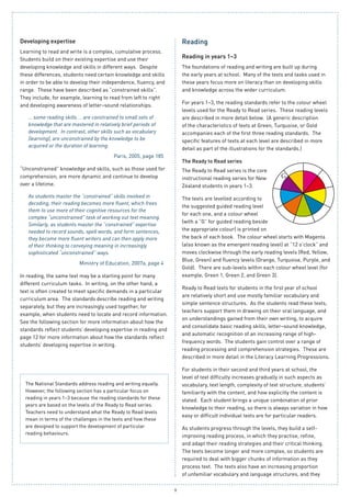 9
G
Developing expertise
Learning to read and write is a complex, cumulative process.
Students build on their existing expertise and use their
developing knowledge and skills in different ways. Despite
these differences, students need certain knowledge and skills
in order to be able to develop their independence, fluency, and
range. These have been described as “constrained skills”.
They include, for example, learning to read from left to right
and developing awareness of letter–sound relationships.
… some reading skills … are constrained to small sets of
knowledge that are mastered in relatively brief periods of
development. In contrast, other skills such as vocabulary
(learning), are unconstrained by the knowledge to be
acquired or the duration of learning.
Paris, 2005, page 185
“Unconstrained” knowledge and skills, such as those used for
comprehension, are more dynamic and continue to develop
over a lifetime.
As students master the “constrained” skills involved in
decoding, their reading becomes more fluent, which frees
them to use more of their cognitive resources for the
complex “unconstrained” task of working out text meaning.
Similarly, as students master the “constrained” expertise
needed to record sounds, spell words, and form sentences,
they become more fluent writers and can then apply more
of their thinking to conveying meaning in increasingly
sophisticated “unconstrained” ways.
Ministry of Education, 2007a, page 4
In reading, the same text may be a starting point for many
different curriculum tasks. In writing, on the other hand, a
text is often created to meet specific demands in a particular
curriculum area. The standards describe reading and writing
separately, but they are increasingly used together, for
example, when students need to locate and record information.
See the following section for more information about how the
standards reflect students’ developing expertise in reading and
page 12 for more information about how the standards reflect
students’ developing expertise in writing.
The National Standards address reading and writing equally.
However, the following section has a particular focus on
reading in years 1–3 because the reading standards for these
years are based on the levels of the Ready to Read series.
Teachers need to understand what the Ready to Read levels
mean in terms of the challenges in the texts and how these
are designed to support the development of particular
reading behaviours.
Reading
Reading in years 1–3
The foundations of reading and writing are built up during
the early years at school. Many of the texts and tasks used in
these years focus more on literacy than on developing skills
and knowledge across the wider curriculum.
For years 1–3, the reading standards refer to the colour wheel
levels used for the Ready to Read series. These reading levels
are described in more detail below. (A generic description
of the characteristics of texts at Green, Turquoise, or Gold
accompanies each of the first three reading standards. The
specific features of texts at each level are described in more
detail as part of the illustrations for the standards.)
The Ready to Read series
The Ready to Read series is the core
instructional reading series for New
Zealand students in years 1–3.
The texts are levelled according to
the suggested guided reading level
for each one, and a colour wheel
(with a “G” for guided reading beside
the appropriate colour) is printed on
the back of each book. The colour wheel starts with Magenta
(also known as the emergent reading level) at “12 o’clock” and
moves clockwise through the early reading levels (Red, Yellow,
Blue, Green) and fluency levels (Orange, Turquoise, Purple, and
Gold). There are sub-levels within each colour wheel level (for
example, Green 1, Green 2, and Green 3).
Ready to Read texts for students in the first year of school
are relatively short and use mostly familiar vocabulary and
simple sentence structures. As the students read these texts,
teachers support them in drawing on their oral language, and
on understandings gained from their own writing, to acquire
and consolidate basic reading skills, letter–sound knowledge,
and automatic recognition of an increasing range of high-
frequency words. The students gain control over a range of
reading processing and comprehension strategies. These are
described in more detail in the Literacy Learning Progressions.
For students in their second and third years at school, the
level of text difficulty increases gradually in such aspects as
vocabulary, text length, complexity of text structure, students’
familiarity with the content, and how explicitly the content is
stated. Each student brings a unique combination of prior
knowledge to their reading, so there is always variation in how
easy or difficult individual texts are for particular readers.
As students progress through the levels, they build a self-
improving reading process, in which they practise, refine,
and adapt their reading strategies and their critical thinking.
The texts become longer and more complex, so students are
required to deal with bigger chunks of information as they
process text. The texts also have an increasing proportion
of unfamiliar vocabulary and language structures, and they
 