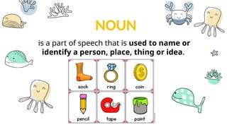 NOUN
is a part of speech that is used to name or
identify a person, place, thing or idea.
 
