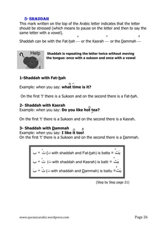 www.quranicarabic.wordpress.com
5555---- SHADDAHSHADDAHSHADDAHSHADDAH
This mark written on the top of the Arabic letter indicates that the letter
should be stressed (which
same letter with a vowel).
Shaddah can be with the Fat
Help Shaddah is repeating the letter twice without moving
the tongue: once with a sukoon and once with a vowel
1-Shaddah with Fat-h
Example: when you say:
On the first 't' there is a Sukoon and on the
2- Shaddah with Kasrah
Example: when you say:
On the first 't' there is a Sukoon and on the
3- Shaddah with Dammah
Example: when you say:
On the first 't' there is a Sukoon and on the
‫ﱠ‬‫ﺕ‬+‫ﺏ‬ (‫ت‬ with
+‫ﺏ‬ ‫ﱠ‬‫ﺕ‬ (‫ت‬ with
+‫ﺏ‬ ‫ﱠ‬‫ﺕ‬ (‫ت‬ with
www.quranicarabic.wordpress.com
This mark written on the top of the Arabic letter indicates that the letter
should be stressed (which means to pause on the letter and then to say the
same letter with a vowel).
Shaddah can be with the Fat-hah ‫ﱠ‬ or the Kasrah ‫ﱢ‬ or the
Shaddah is repeating the letter twice without moving
tongue: once with a sukoon and once with a vowel
hah
Example: when you say: what time is it?
On the first 't' there is a Sukoon and on the second there is a Fat
with Kasrah
Example: when you say: Do you like hot tea?
On the first 't' there is a Sukoon and on the second there is a Kasrah.
ammah ‫و‬
Example: when you say: I like it too!
On the first 't' there is a Sukoon and on the second there is a
(Step by Step page
shaddah and Fat-hah) is batta = ‫ﱠ‬‫ﺕ‬‫ﺒ‬
with shaddah and Kasrah) is batti = ‫ﱢ‬‫ﺕ‬
with shaddah and Dammah) is battu =‫ﱡ‬‫ﺕ‬
Page Ŷź
This mark written on the top of the Arabic letter indicates that the letter
means to pause on the letter and then to say the
the Dammah ‫ﱡ‬
Shaddah is repeating the letter twice without moving
tongue: once with a sukoon and once with a vowel
there is a Fat-hah.
there is a Kasrah.
there is a Dammah.
Step by Step page 21)
‫ﱠ‬‫ﺕ‬‫ﺒ‬
‫ﺒ‬‫ﱢ‬‫ﺕ‬
‫ﺒ‬‫ﱡ‬‫ﺕ‬
 