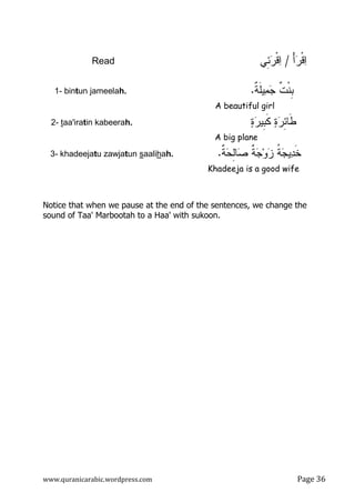www.quranicarabic.wordpress.com Page ŷź
ْ‫ﺃ‬‫ﺭ‬‫ﹾ‬‫ﻗ‬‫ﺍ‬/‫ِﻲ‬‫ﺌ‬‫ﺭ‬‫ﹾ‬‫ﻗ‬‫ﺍ‬Read
‫ﹲ‬‫ﺔ‬‫ﹶ‬‫ﻠ‬‫ﻴ‬‫ﻤ‬‫ﺠ‬ ‫ﹲ‬‫ﺕ‬‫ﹾ‬‫ﻨ‬‫ﹺ‬‫ﺒ‬.1- bintun jameelah.
A beautiful girl
‫ﺓ‬‫ﺭ‬‫ﹺﻴ‬‫ﺒ‬‫ﹶ‬‫ﻜ‬ ‫ﺓ‬‫ﺭ‬ِ‫ﺌ‬‫ﹶﺎ‬‫ﻁ‬.hin kabeerat'iraaat-2
A big plane
‫ﹲ‬‫ﺔ‬‫ﺠ‬‫ﻭ‬‫ﺯ‬ ‫ﹸ‬‫ﺔ‬‫ﺠ‬‫ﻴ‬‫ﺩ‬‫ﹶ‬‫ﺨ‬‫ﹲ‬‫ﺔ‬‫ﺤ‬ِ‫ﻝ‬‫ﺎ‬‫ﺼ‬..hahaliasnutu zawjathadeejak-3
Khadeeja is a good wife
Notice that when we pause at the end of the sentences, we change the
sound of Taa' Marbootah to a Haa' with sukoon.
 