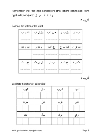 www.quranicarabic.wordpress.com Page %
Remember that the non connectors (the letters connected from
right side only) are: ‫ﺩ‬ ‫ﺍ‬ ‫ﻭ‬‫ﺫ‬‫ﺯ‬ ‫ﺭ‬
‫ﹺﻴﺏ‬‫ﺭ‬‫ﺩ‬‫ﹶ‬‫ﺘ‬٣
Connect the letters of the word
‫ﺭ‬ ‫ﺩ‬ ‫ﺏ‬‫ﺭ‬ ‫ﺏ‬ ‫ﻕ‬‫ﺏ‬ ‫ﺍ‬ ‫ﺹ‬‫ﺏ‬ ‫ل‬ ‫ﻕ‬‫ﺏ‬ ‫ﻭ‬ ‫ﻙ‬
.............................................................................
‫ﻥ‬ ‫ﻱ‬ ‫ﺕ‬‫ﺡ‬ ‫ﺕ‬ ‫ﻑ‬‫ﺏ‬ ‫ﺍ‬ ‫ﻉ‬‫ﺭ‬ ‫ﺕ‬ ‫ﻡ‬‫ﺕ‬ ‫ﻭ‬ ‫ﺕ‬
..................................................................
...............
‫ﻡ‬ ‫ﻭ‬ ‫ﺙ‬‫ﻡ‬ ‫ﺙ‬ ‫ﺝ‬‫ﺭ‬ ‫ﺩ‬ ‫ﻡ‬‫ﺙ‬ ‫ﻱ‬ ‫ل‬‫ﺙ‬ ‫ﺩ‬ ‫ﺡ‬
...................................................................................
‫ﹺﻴﺏ‬‫ﺭ‬‫ﺩ‬‫ﹶ‬‫ﺘ‬٤
Separate the letters of each word
‫ﻋﺒﺩ‬‫ﺸﺭﺏ‬‫ﺴﺘﺭ‬‫ﻜﻭﺏ‬
‫ﻨﺫﺭ‬‫ﺜﻭﺏ‬‫ﻨﺎﺭ‬‫ﺤﻭﺕ‬
‫ﺭﻓﻊ‬‫ﻨﺯل‬‫ﺴﺄل‬‫ﻨﻘﺩ‬
 