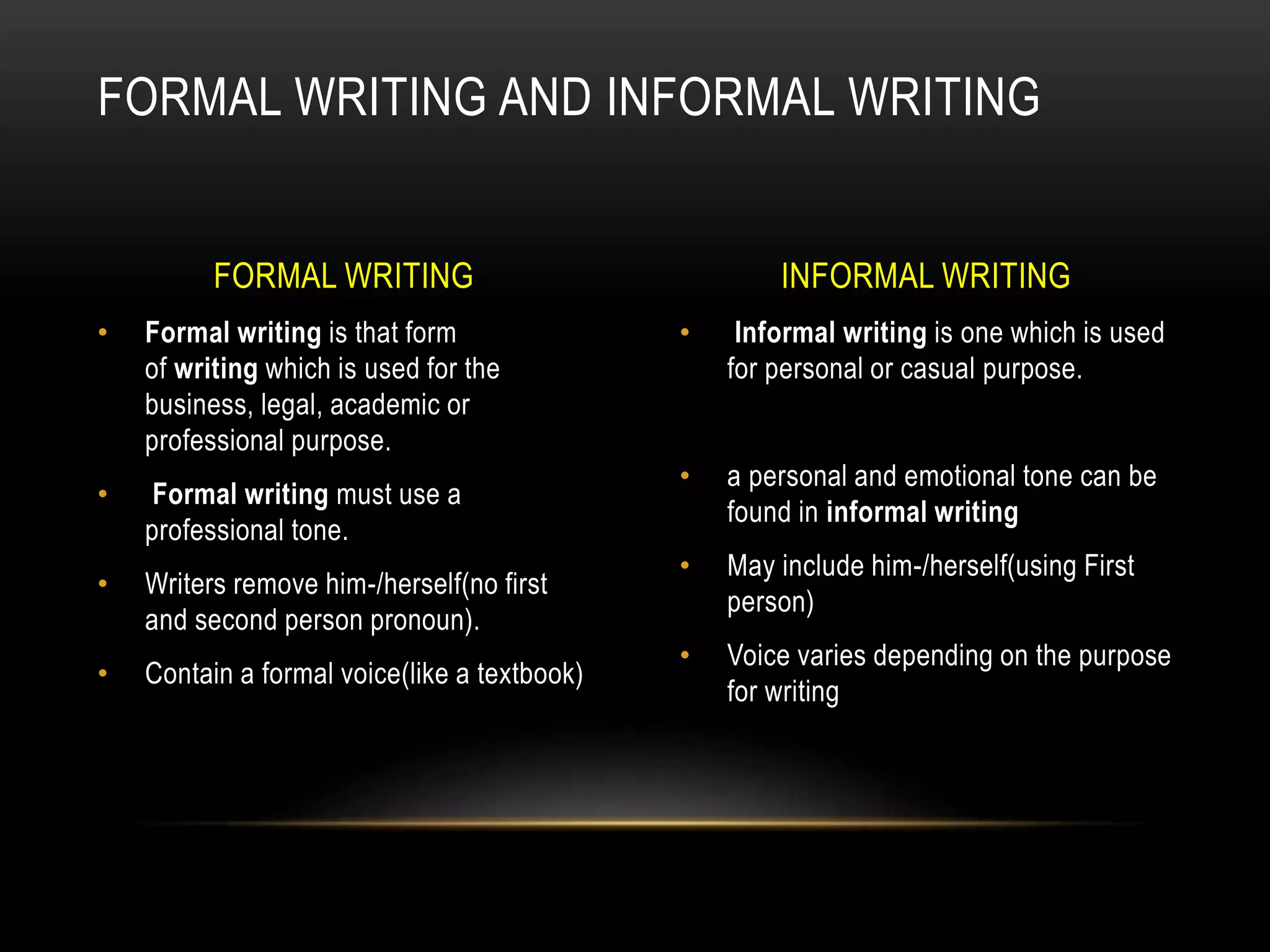 • Informal writing is one which is used
for personal or casual purpose.
• a personal and emotional tone can be
found in informal writing
• May include him-/herself(using First
person)
• Voice varies depending on the purpose
for writing
• Formal writing is that form
of writing which is used for the
business, legal, academic or
professional purpose.
• Formal writing must use a
professional tone.
• Writers remove him-/herself(no first
and second person pronoun).
• Contain a formal voice(like a textbook)
FORMAL WRITING AND INFORMAL WRITING
FORMAL WRITING INFORMAL WRITING
 