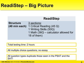 ReadiStep
Structure
(40 min each)
3 sections:
1 Critical Reading (45 Q)
1 Writing Skills (50Q)
1 Math (36Q – calculator allowed for
18 of them)
ReadiStep – Big Picture
All question types duplicate those seen in the PSAT and the
SAT!
Total testing time: 2 hours
All multiple choice questions; no essay
 
