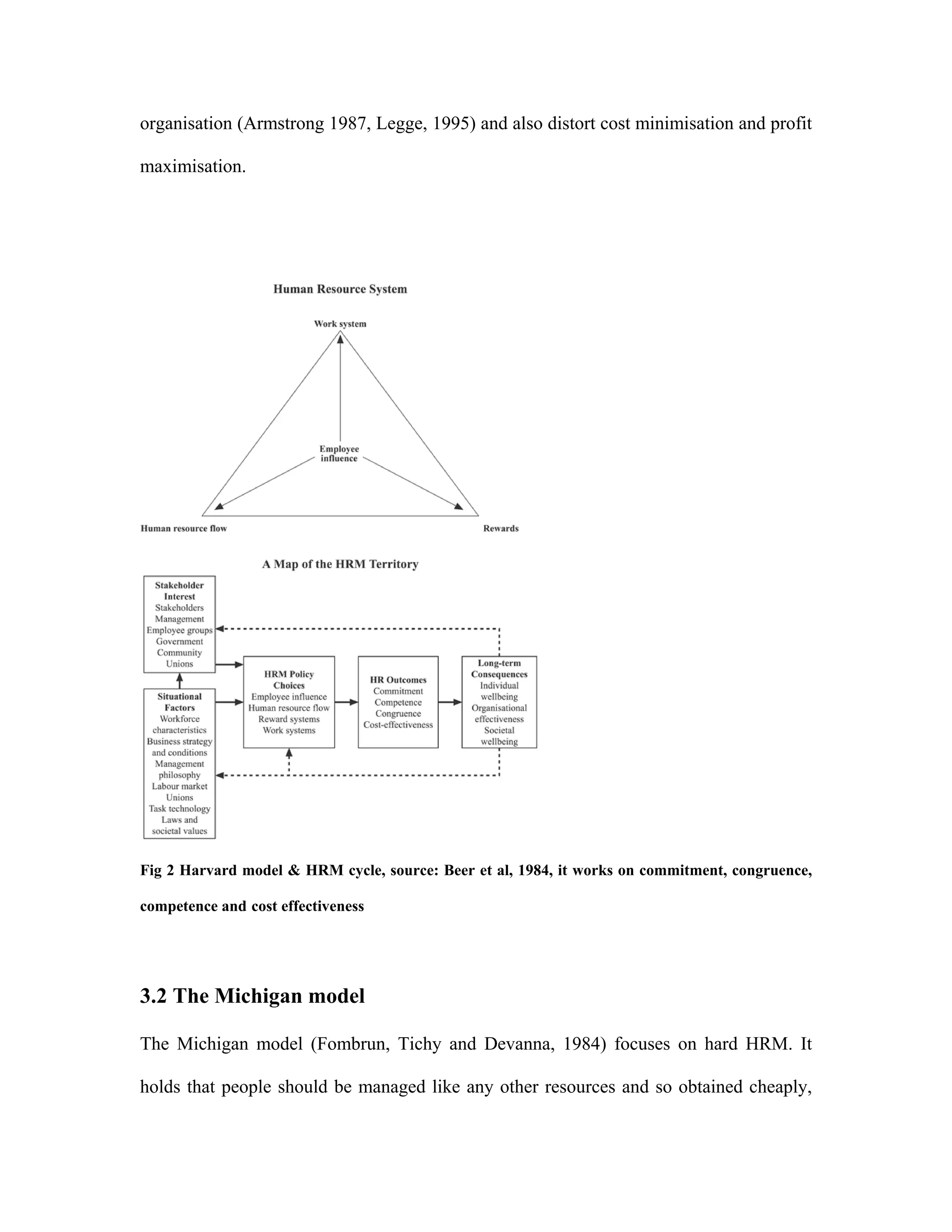 organisation (Armstrong 1987, Legge, 1995) and also distort cost minimisation and profit
maximisation.
Fig 2 Harvard model & HRM cycle, source: Beer et al, 1984, it works on commitment, congruence,
competence and cost effectiveness
3.2 The Michigan model
The Michigan model (Fombrun, Tichy and Devanna, 1984) focuses on hard HRM. It
holds that people should be managed like any other resources and so obtained cheaply,
 