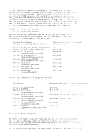 --with-threads=no switch to configure. Unfortunately, on some
platforms, additional compiler and/or linker options are required for
threads to work properly. Below is a table of those options,
collected by Bill Janssen. We would love to automate this process
more, but the information below is not enough to write a patch for the
configure.in file, so manual intervention is required. If you patch
the configure.in file and are confident that the patch works, please
send in the patch. (Don't bother patching the configure script itself
-- it is regenerated each time the configure.in file changes.)
Compiler switches for threads
.............................
The definition of _REENTRANT should be configured automatically, if
that does not work on your system, or if _REENTRANT is defined
incorrectly, please report that as a bug.
OS/Compiler/threads Switches for use with threads
(POSIX is draft 10, DCE is draft 4) compile & link
SunOS 5.{1-5}/{gcc,SunPro cc}/solaris -mt
SunOS 5.5/{gcc,SunPro cc}/POSIX (nothing)
DEC OSF/1 3.x/cc/DCE -threads
(butenhof@zko.dec.com)
Digital UNIX 4.x/cc/DCE -threads
(butenhof@zko.dec.com)
Digital UNIX 4.x/cc/POSIX -pthread
(butenhof@zko.dec.com)
AIX 4.1.4/cc_r/d7 (nothing)
(buhrt@iquest.net)
AIX 4.1.4/cc_r4/DCE (nothing)
(buhrt@iquest.net)
IRIX 6.2/cc/POSIX (nothing)
(robertl@cwi.nl)
Linker (ld) libraries and flags for threads
...........................................
OS/threads Libraries/switches for use with threads
SunOS 5.{1-5}/solaris -lthread
SunOS 5.5/POSIX -lpthread
DEC OSF/1 3.x/DCE -lpthreads -lmach -lc_r -lc
(butenhof@zko.dec.com)
Digital UNIX 4.x/DCE -lpthreads -lpthread -lmach -lexc -lc
(butenhof@zko.dec.com)
Digital UNIX 4.x/POSIX -lpthread -lmach -lexc -lc
(butenhof@zko.dec.com)
AIX 4.1.4/{draft7,DCE} (nothing)
(buhrt@iquest.net)
IRIX 6.2/POSIX -lpthread
(jph@emilia.engr.sgi.com)
Building a shared libpython
---------------------------
Starting with Python 2.3, the majority of the interpreter can be built
into a shared library, which can then be used by the interpreter
executable, and by applications embedding Python. To enable this feature,
configure with --enable-shared.
If you enable this feature, the same object files will be used to create
 