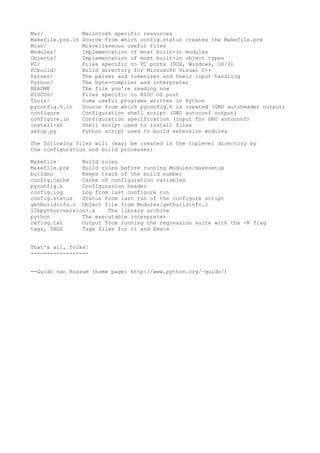 Mac/ Macintosh specific resources
Makefile.pre.in Source from which config.status creates the Makefile.pre
Misc/ Miscellaneous useful files
Modules/ Implementation of most built-in modules
Objects/ Implementation of most built-in object types
PC/ Files specific to PC ports (DOS, Windows, OS/2)
PCbuild/ Build directory for Microsoft Visual C++
Parser/ The parser and tokenizer and their input handling
Python/ The byte-compiler and interpreter
README The file you're reading now
RISCOS/ Files specific to RISC OS port
Tools/ Some useful programs written in Python
pyconfig.h.in Source from which pyconfig.h is created (GNU autoheader output)
configure Configuration shell script (GNU autoconf output)
configure.in Configuration specification (input for GNU autoconf)
install-sh Shell script used to install files
setup.py Python script used to build extension modules
The following files will (may) be created in the toplevel directory by
the configuration and build processes:
Makefile Build rules
Makefile.pre Build rules before running Modules/makesetup
buildno Keeps track of the build number
config.cache Cache of configuration variables
pyconfig.h Configuration header
config.log Log from last configure run
config.status Status from last run of the configure script
getbuildinfo.o Object file from Modules/getbuildinfo.c
libpython<version>.a The library archive
python The executable interpreter
reflog.txt Output from running the regression suite with the -R flag
tags, TAGS Tags files for vi and Emacs
That's all, folks!
------------------
--Guido van Rossum (home page: http://www.python.org/~guido/)
 
