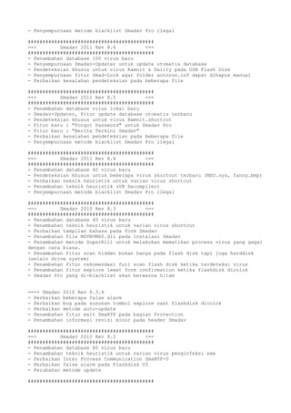 - Penyempurnaan metode blacklist Smadav Pro ilegal
###########################################
==> Smadav 2011 Rev 8.6 <==
###########################################
- Penambahan database 100 virus baru
- Penyempurnaan Smadav-Updater untuk update otomatis database
- Pendeteksian khusus untuk virus Ramnit & Sality pada USB Flash Disk
- Penyempurnaan fitur Smad-Lock agar folder autorun.inf dapat dihapus manual
- Perbaikan kesalahan pendeteksian pada beberapa file
###########################################
==> Smadav 2011 Rev 8.5 <==
###########################################
- Penambahan database virus lokal baru
- Smadav-Updater, Fitur update database otomatis terbaru
- Pendeteksian khusus untuk virus Ramnit.shortcut
- Fitur baru : "Forgot Password" untuk Smadav Pro
- Fitur baru : "Berita Terkini Smadav"
- Perbaikan kesalahan pendeteksian pada beberapa file
- Penyempurnaan metode blacklist Smadav Pro ilegal
###########################################
==> Smadav 2011 Rev 8.4 <==
###########################################
- Penambahan database 40 virus baru
- Pendeteksian khusus untuk beberapa virus shortcut terbaru (MSO.sys, fanny.bmp)
- Perbaikan teknik heuristik untuk varian virus shortcut
- Penambahan teknik heuristik (VB Decompiler)
- Penyempurnaan metode blacklist Smadav Pro ilegal
###########################################
==> Smadav 2010 Rev 8.3 <==
###########################################
- Penambahan database 40 virus baru
- Penambahan teknik heuristik untuk varian virus shortcut
- Perbaikan tampilan bahasa pada form Smadav
- Penambahan file MSVBVM60.dll pada instalasi Smadav
- Penambahan metode SuperKill untuk melakukan mematikan process virus yang gagal
dengan cara biasa.
- Penambahan fitur scan hidden bukan hanya pada flash disk tapi juga harddisk
(selain drive system)
- Penambahan fitur rekomendasi full scan flash disk ketika terdeteksi virus
- Penambahan fitur explore lewat form confirmation ketika flashdisk dicolok
- Smadav Pro yang di-blacklist akan berwarna hitam
===> Smadav 2010 Rev 8.3.4
- Perbaikan beberapa false alarm
- Perbaikan bug pada susunan tombol explore saat flashdisk dicolok
- Perbaikan metode auto-update
- Penambahan fitur exit SmaRTP pada bagian Protection
- Penambahan informasi revisi minor pada header Smadav
###########################################
==> Smadav 2010 Rev 8.2 <==
###########################################
- Penambahan database 80 virus baru
- Penambahan teknik heuristik untuk varian virus penginfeksi exe
- Perbaikan Inter Process Communication SmaRTP-0
- Perbaikan false alarm pada Flashdisk U3
- Perubahan metode update
###########################################
 