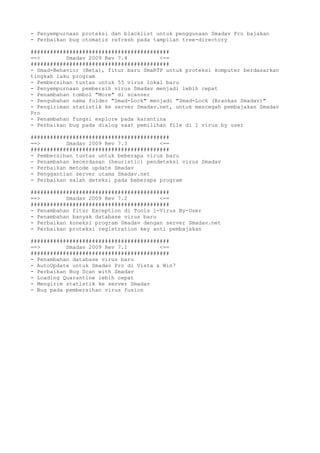 - Penyempurnaan proteksi dan blacklist untuk penggunaan Smadav Pro bajakan
- Perbaikan bug otomatis refresh pada tampilan tree-directory
###########################################
==> Smadav 2009 Rev 7.4 <==
###########################################
- Smad-Behavior (Beta), fitur baru SmaRTP untuk proteksi komputer berdasarkan
tingkah laku program
- Pembersihan tuntas untuk 55 virus lokal baru
- Penyempurnaan pembersih virus Smadav menjadi lebih cepat
- Penambahan tombol "More" di scanner
- Pengubahan nama folder "Smad-Lock" menjadi "Smad-Lock (Brankas Smadav)"
- Pengiriman statistik ke server Smadav.net, untuk mencegah pembajakan Smadav
Pro
- Penambahan fungsi explore pada karantina
- Perbaikan bug pada dialog saat pemilihan file di 1 virus by user
###########################################
==> Smadav 2009 Rev 7.3 <==
###########################################
- Pembersihan tuntas untuk beberapa virus baru
- Penambahan kecerdasan (heuristic) pendeteksi virus Smadav
- Perbaikan metode update Smadav
- Penggantian server utama Smadav.net
- Perbaikan salah deteksi pada beberapa program
###########################################
==> Smadav 2009 Rev 7.2 <==
###########################################
- Penambahan fitur Exception di Tools 1-Virus By-User
- Penambahan banyak database virus baru
- Perbaikan koneksi program Smadav dengan server Smadav.net
- Perbaikan proteksi registration key anti pembajakan
###########################################
==> Smadav 2009 Rev 7.1 <==
###########################################
- Penambahan database virus baru
- AutoUpdate untuk Smadav Pro di Vista & Win7
- Perbaikan Bug Scan with Smadav
- Loading Quarantine lebih cepat
- Mengirim statistik ke server Smadav
- Bug pada pembersihan virus fusion
 