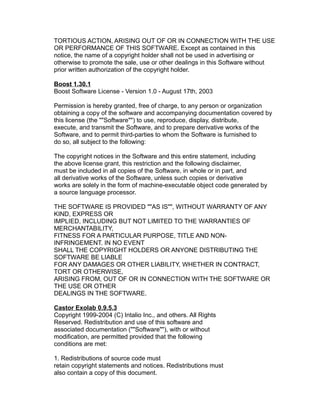 TORTIOUS ACTION, ARISING OUT OF OR IN CONNECTION WITH THE USE
OR PERFORMANCE OF THIS SOFTWARE. Except as contained in this
notice, the name of a copyright holder shall not be used in advertising or
otherwise to promote the sale, use or other dealings in this Software without
prior written authorization of the copyright holder.
Boost 1.30.1
Boost Software License - Version 1.0 - August 17th, 2003
Permission is hereby granted, free of charge, to any person or organization
obtaining a copy of the software and accompanying documentation covered by
this license (the ""Software"") to use, reproduce, display, distribute,
execute, and transmit the Software, and to prepare derivative works of the
Software, and to permit third-parties to whom the Software is furnished to
do so, all subject to the following:
The copyright notices in the Software and this entire statement, including
the above license grant, this restriction and the following disclaimer,
must be included in all copies of the Software, in whole or in part, and
all derivative works of the Software, unless such copies or derivative
works are solely in the form of machine-executable object code generated by
a source language processor.
THE SOFTWARE IS PROVIDED ""AS IS"", WITHOUT WARRANTY OF ANY
KIND, EXPRESS OR
IMPLIED, INCLUDING BUT NOT LIMITED TO THE WARRANTIES OF
MERCHANTABILITY,
FITNESS FOR A PARTICULAR PURPOSE, TITLE AND NONINFRINGEMENT. IN NO EVENT
SHALL THE COPYRIGHT HOLDERS OR ANYONE DISTRIBUTING THE
SOFTWARE BE LIABLE
FOR ANY DAMAGES OR OTHER LIABILITY, WHETHER IN CONTRACT,
TORT OR OTHERWISE,
ARISING FROM, OUT OF OR IN CONNECTION WITH THE SOFTWARE OR
THE USE OR OTHER
DEALINGS IN THE SOFTWARE.
Castor Exolab 0.9.5.3
Copyright 1999-2004 (C) Intalio Inc., and others. All Rights
Reserved. Redistribution and use of this software and
associated documentation (""Software""), with or without
modification, are permitted provided that the following
conditions are met:
1. Redistributions of source code must
retain copyright statements and notices. Redistributions must
also contain a copy of this document.

 