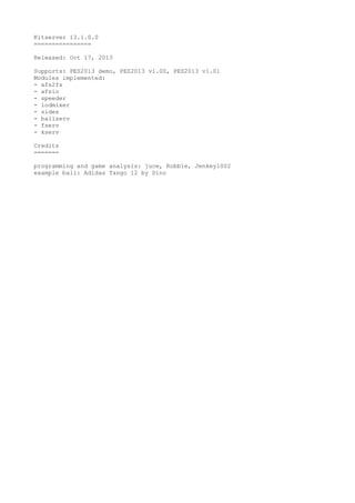 Kitserver 13.1.0.0
================
Released: Oct 17, 2013
Supports: PES2013 demo, PES2013 v1.00, PES2013 v1.01
Modules implemented:
- afs2fs
- afsio
- speeder
- lodmixer
- sides
- ballserv
- fserv
- kserv
Credits
=======
programming and game analysis: juce, Robbie, Jenkey1002
example ball: Adidas Tango 12 by Dino
 