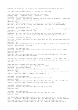 changes the direction the joystick has to move when looking up and down.
The following variables can be set in your joystick.cfg.
These variables control your sensitivity settings:
Command Name Command Action Default NOTES:
Variable: Joyforwardsensitivity
Function: Controls the ramp-up speed or how much joystick movement is required
for moving "full speed" forward and backward
Default: -1.0
Comments: If your joystick is not as fast as you think it should be try a
setting of -1.5, you will reach full speed with only half of the movement.
Variable: Joysidesensitivity
Function: Controls the ramp-up speed or how much joystick movement is required
for moving "full speed" side to side
Default: 1.0
Comments: If your joystick is not as fast as you think it should be try a
setting of 1.5, you will reach full speed with only half of the movement.
Variable: Joypitchsensitivity
Function: Controls the speed or ratio used when you look up and down using the
Assassin 3D
Default: -0.25
Comments: This setting will allow you to look Up and Down at a 45 degree angle
without repositioning your hand.
Variable: Joyyawsensitivity
Function: Controls the speed that or ratio used when you look left to right
using the Assassin 3D
Default: -0.5
Comments: This setting will allow you to look left and right at a 90 degree
angle without repositioning your hand.
You can set the sensitivity settings to negative numbers. This inverts the
direction of movement for the control. The default sensitivity settings are 1
(or -1).
These variables control your threshold settings:
Command Name Command Action Default NOTES:
Variable: Joyforwardthreshold
Function: Controls the dead-zone for moving forward and backward
Default: 0.15
Comments: If you have problems with your character moving forward or back when
trying to stop or strafe, increase this number to .20
Variable: Joysidethreshold
Function: Controls the dead-zone for moving side to side
Default: 0.15
Comments: If you have problems with your character moving left or right when
trying to stop or walk a ledge, increase this number to .20
Variable: Joypitchthreshold
Function: Controls the dead-zone for looking up and down
Default: 0.15
Variable: Joyyawthreshold
Function: Controls the dead-zone for looking left and right
Default: 0.15
The threshold settings allow you to control your dead-zone (or no-movement
zone). The default threshold settings are .15 (meaning 15% of the full-range).
The range of the threshold settings is from 0 to 1. Troublesome analog
joysticks may need a larger number (like .2). Premium joysticks can use a
 