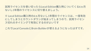 試用ライセンスを使い切ったらLocal Edition購入時についてくる6ヵ月
ないし1年間のライセンスに切り替えましょう。
※ Local Edition購入時の6ヵ月ないし1年間のライセンスは、一度有効
にしてしまうとカウントダウンが始まってしまうので、試用ライセン
ス切れのタイミングで有効にするのがよいです
これでLocal ConsoleとBrain Builderが使えるようになったはずです。
14
 