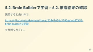 5.2. Brain Builderで学習 ~ 6.2. 推論結果の確認
説明すると長いので
https://qiita.com/todateman/items/23967676c5282eeaaa87#52-
brain-builderで学習
を参照ください。
22
 