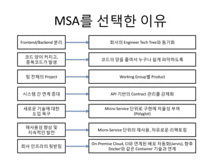 MSA를 선택한 이유
Frontend/Backend 분리 회사의 Engineer Tech Tree와 동기화
코드 양이 커지고,
중복코드가 발생
코드의 양을 줄여서 누구나 쉽게 파악하도록
팀 전체의 Project Working Group별 Product
시스템 간 연계 증대 API 기반의 Contract 관리를 강제화
새로운 기술에 대한
도입 욕구
Micro-Service 단위로 구현에 자율성 부여
(Polyglot)
재사용성 향상 및
지속적인 발전
Micro-Service 단위의 재사용, 자유로운 리팩토링
회사 인프라의 뒷받침
On-Premise Cloud, CI와 연계된 배포 자동화(Jarvis), 향후
Docker와 같은 Container 기술과 연계
 