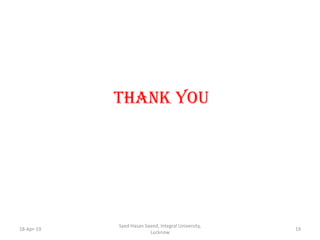 THANK YOU
18-Apr-19
Syed Hasan Saeed, Integral University,
Lucknow
19
 
