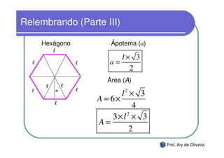 Relembrando (Parte III)

    Hexágono         Ápotema (a)

                       l× 3
                    a=
                         2
                    Área (A)
                          2
                        l × 3
                 A = 6×
                            4
                          2
                     3× l × 3
                 A=
                           2
                                   Prof. Ary de Oliveira
 