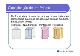 Classificação de um Prisma

 Conforme visto na aula passada os prisma podem ser
 classificados quanto ao polígono que compõe sua base.
 Então, assim temos:
 Triangular Quadrangular Pentagonal Hexagonal




                                             Prof. Ary de Oliveira
 