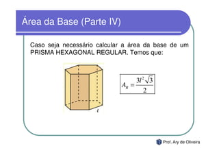 Área da Base (Parte IV)

 Caso seja necessário calcular a área da base de um
 PRISMA HEXAGONAL REGULAR. Temos que:



                                  3l 2 3
                             AB =
                                      2




                                           Prof. Ary de Oliveira
 