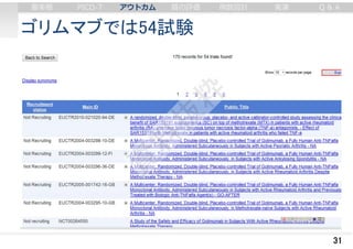 ゴリムマブでは54試験
31
審美眼 PICO-T アウトカム 質の評価 例数設計 実演 Q & A
 