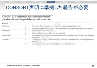 CONSORT声明に準拠した報告が必要
36Moher D et al: BMJ. 2010 Mar 23;340:c869
審美眼 PICO-T アウトカム 質の評価 例数設計 実演 Q & A
 