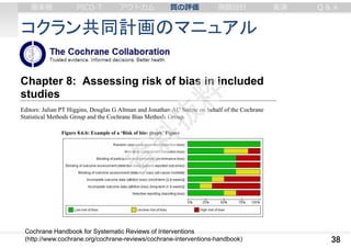 コクラン共同計画のマニュアル
38
Cochrane Handbook for Systematic Reviews of Interventions
(http://www.cochrane.org/cochrane-reviews/cochrane-interventions-handbook)
審美眼 PICO-T アウトカム 質の評価 例数設計 実演 Q & A
 