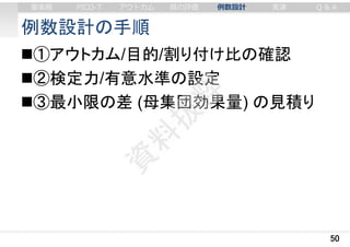 例数設計の手順
①アウトカム/目的/割り付け比の確認
②検定力/有意水準の設定
③最小限の差 (母集団効果量) の見積り
50
審美眼 PICO-T アウトカム 質の評価 例数設計 実演 Q & A
 
