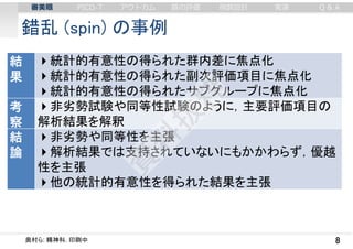 錯乱 (spin) の事例
8奥村ら: 精神科. 印刷中
結
果
統計的有意性の得られた群内差に焦点化
統計的有意性の得られた副次評価項目に焦点化
統計的有意性の得られたサブグループに焦点化
考
察
非劣勢試験や同等性試験のように，主要評価項目の
解析結果を解釈
結
論
非劣勢や同等性を主張
解析結果では支持されていないにもかかわらず，優越
性を主張
他の統計的有意性を得られた結果を主張
審美眼 PICO-T アウトカム 質の評価 例数設計 実演 Q & A
 