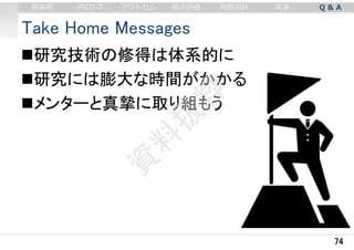 Take Home Messages
74
審美眼 PICO-T アウトカム 質の評価 例数設計 実演 Q & A
研究技術の修得は体系的に
研究には膨大な時間がかかる
メンターと真摯に取り組もう
 