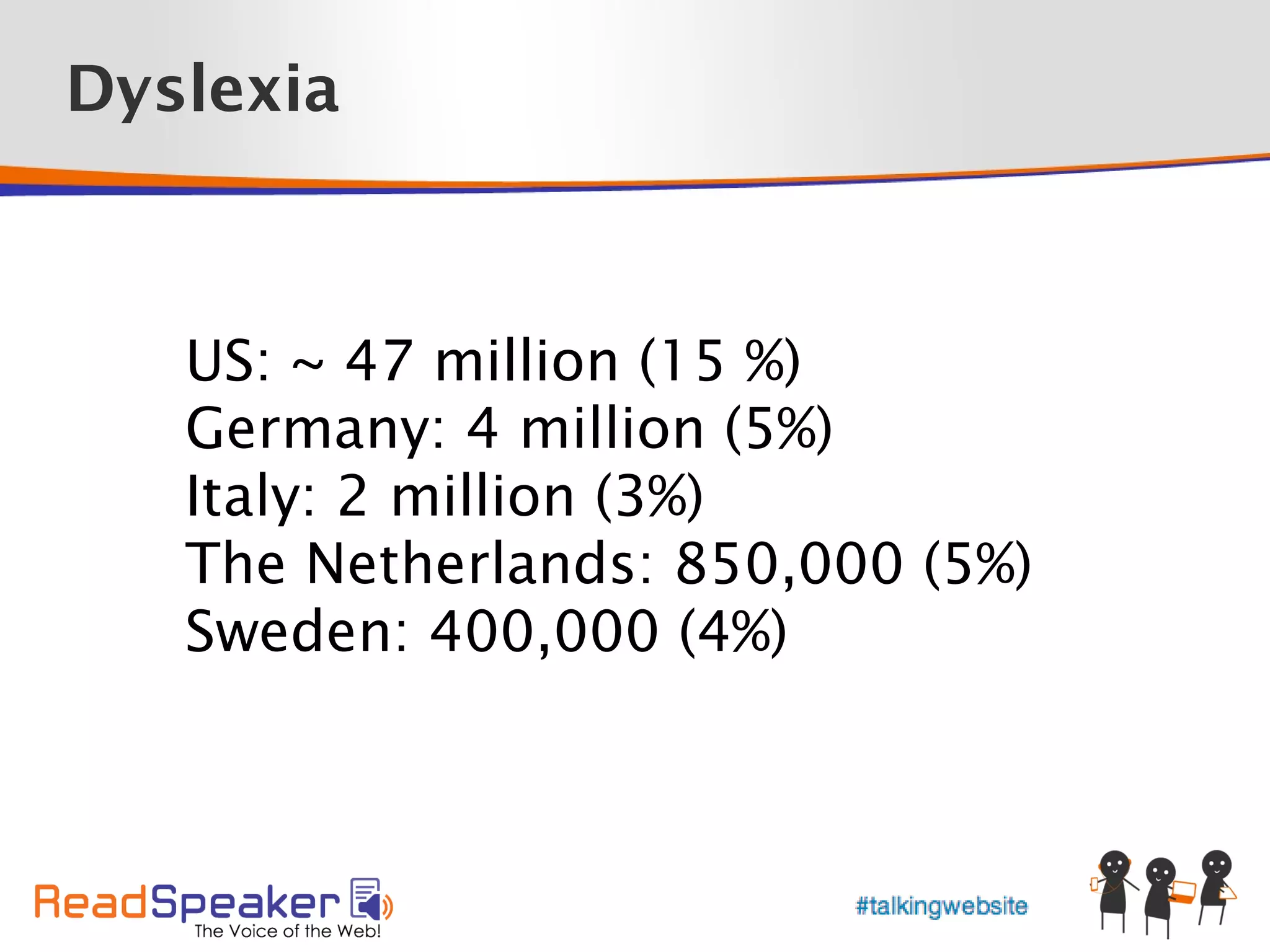 Dyslexia



   US: ~ 47 million (15 %)
   Germany: 4 million (5%)
   Italy: 2 million (3%)
   The Netherlands: 850,000 (5%)
   Sweden: 400,000 (4%)
 