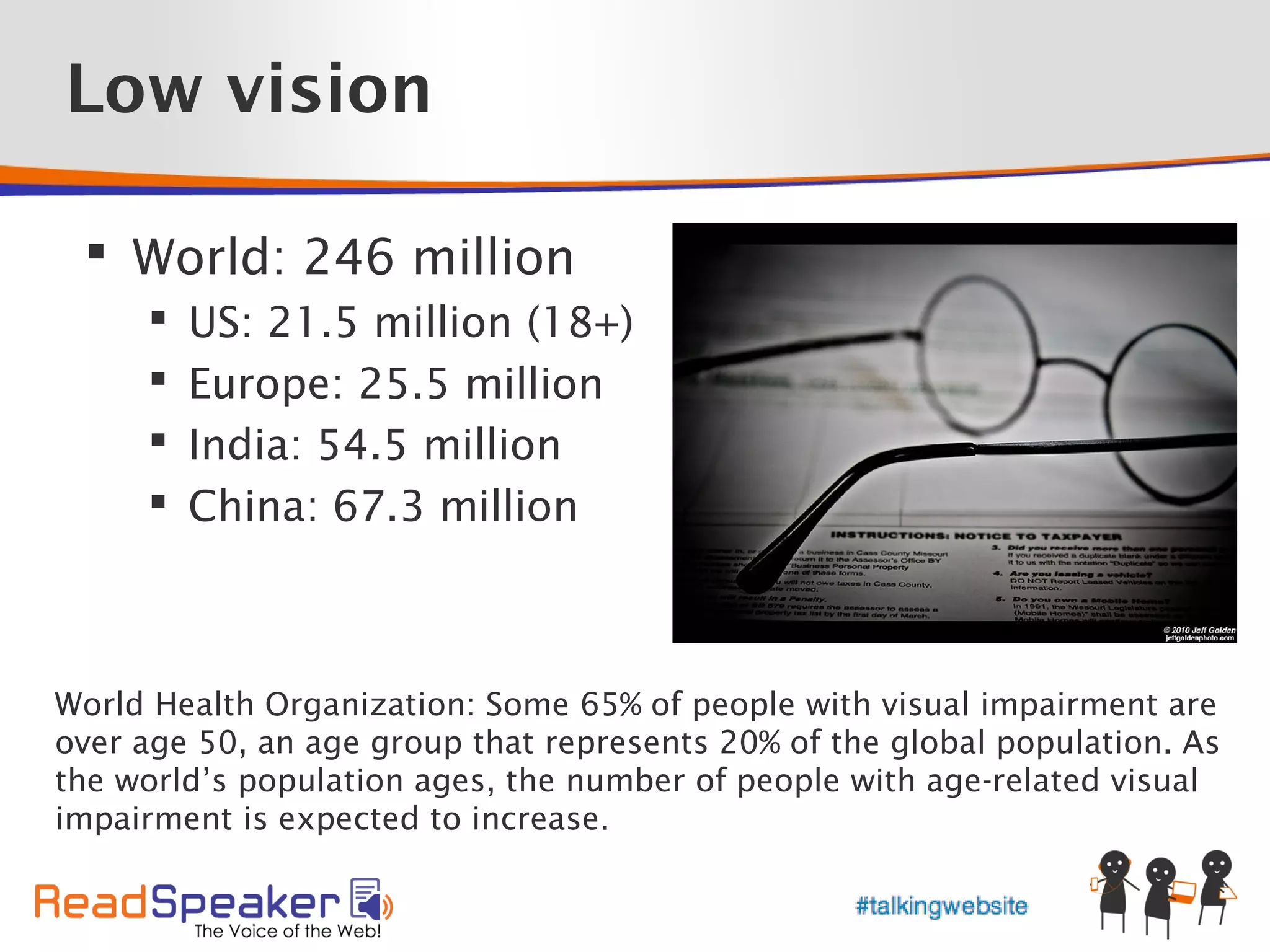Low vision

  World: 246 million
        US: 21.5 million (18+)
        Europe: 25.5 million
        India: 54.5 million
        China: 67.3 million



World Health Organization: Some 65% of people with visual impairment are
over age 50, an age group that represents 20% of the global population. As
the world’s population ages, the number of people with age-related visual
impairment is expected to increase.
 