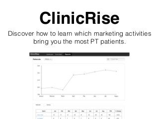 ClinicRise	

Discover how to learn which marketing activities
bring you the most PT patients.	

!
 