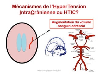Mécanismes de l’HyperTension
IntraCrânienne ou HTIC?
Augmentation du volume
sanguin cérébral
DES	Neurologie	15	décembre	2016	
 