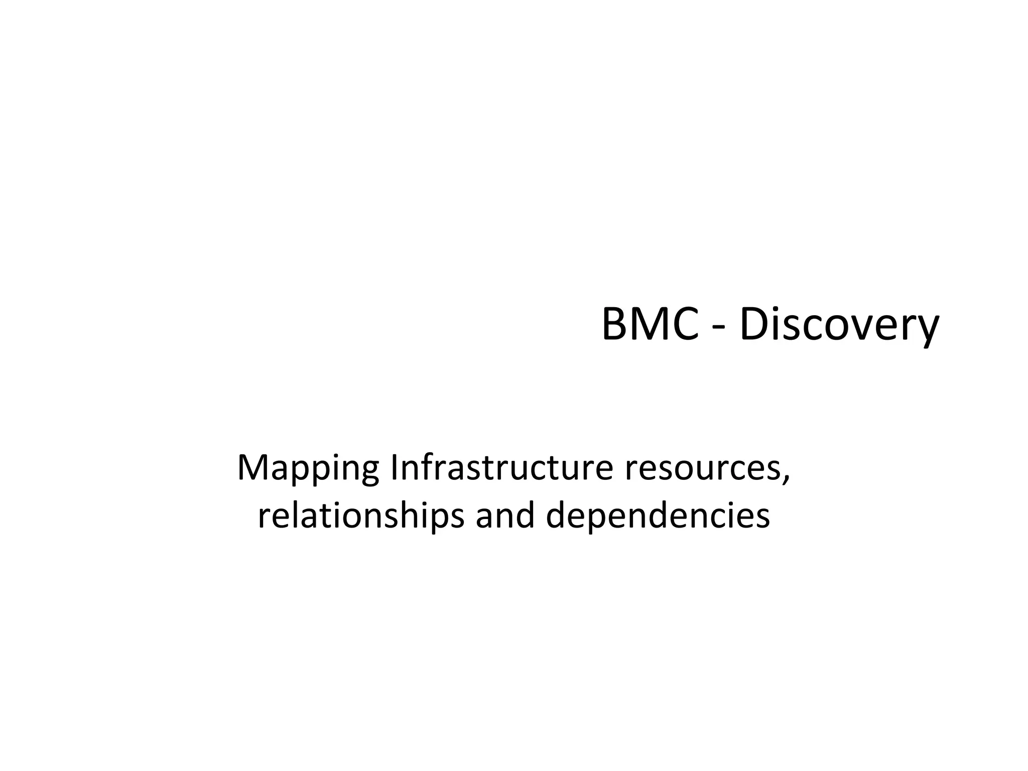 BMC - Discovery

Mapping Infrastructure resources,
 relationships and dependencies
 
