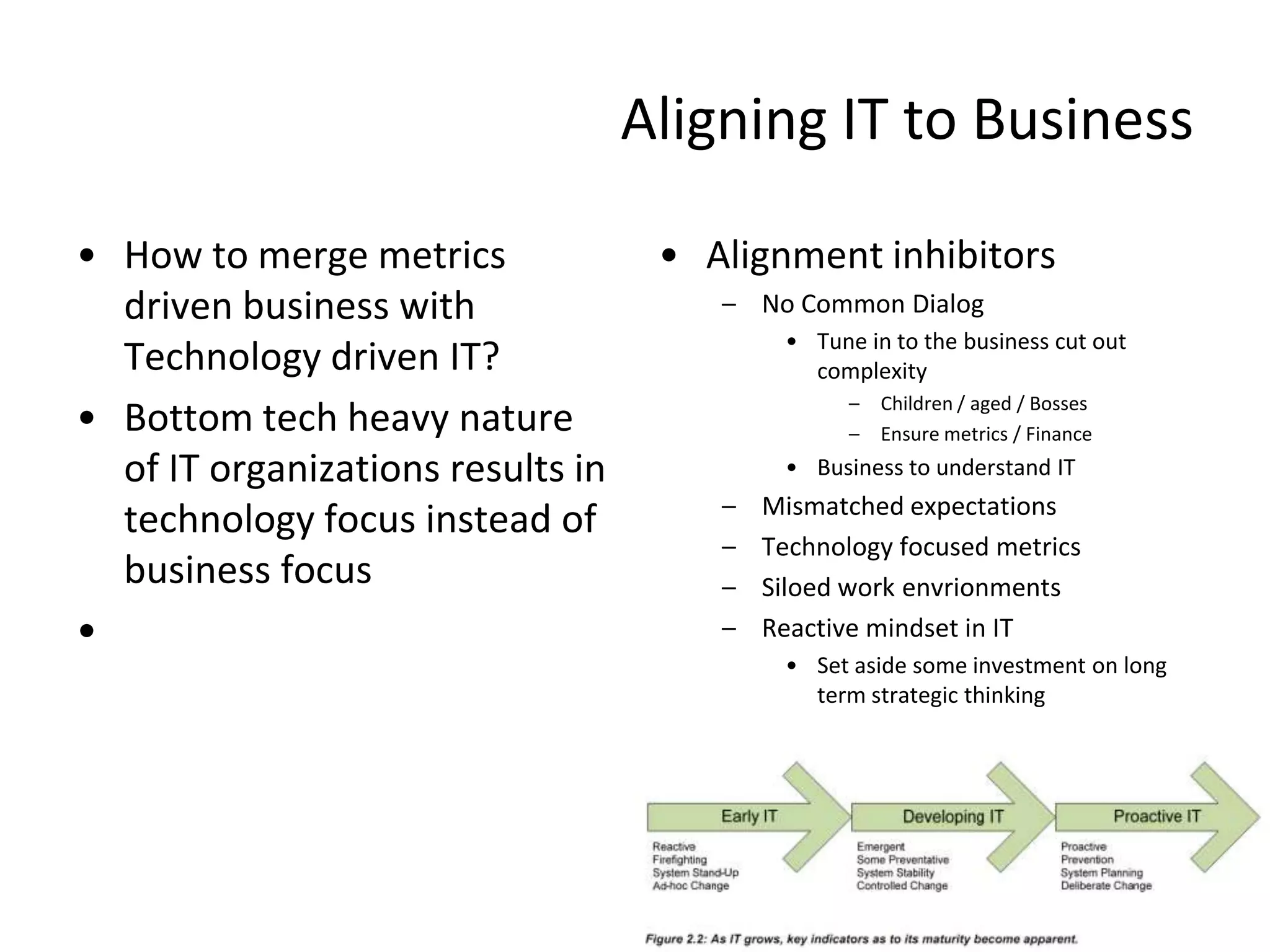 Aligning IT to Business

• How to merge metrics              • Alignment inhibitors
  driven business with                 – No Common Dialog
                                            • Tune in to the business cut out
  Technology driven IT?                       complexity
                                                  –   Children / aged / Bosses
• Bottom tech heavy nature                        –   Ensure metrics / Finance
  of IT organizations results in            • Business to understand IT
                                       –   Mismatched expectations
  technology focus instead of
                                       –   Technology focused metrics
  business focus                       –   Siloed work envrionments
•                                      –   Reactive mindset in IT
                                            • Set aside some investment on long
                                              term strategic thinking
 