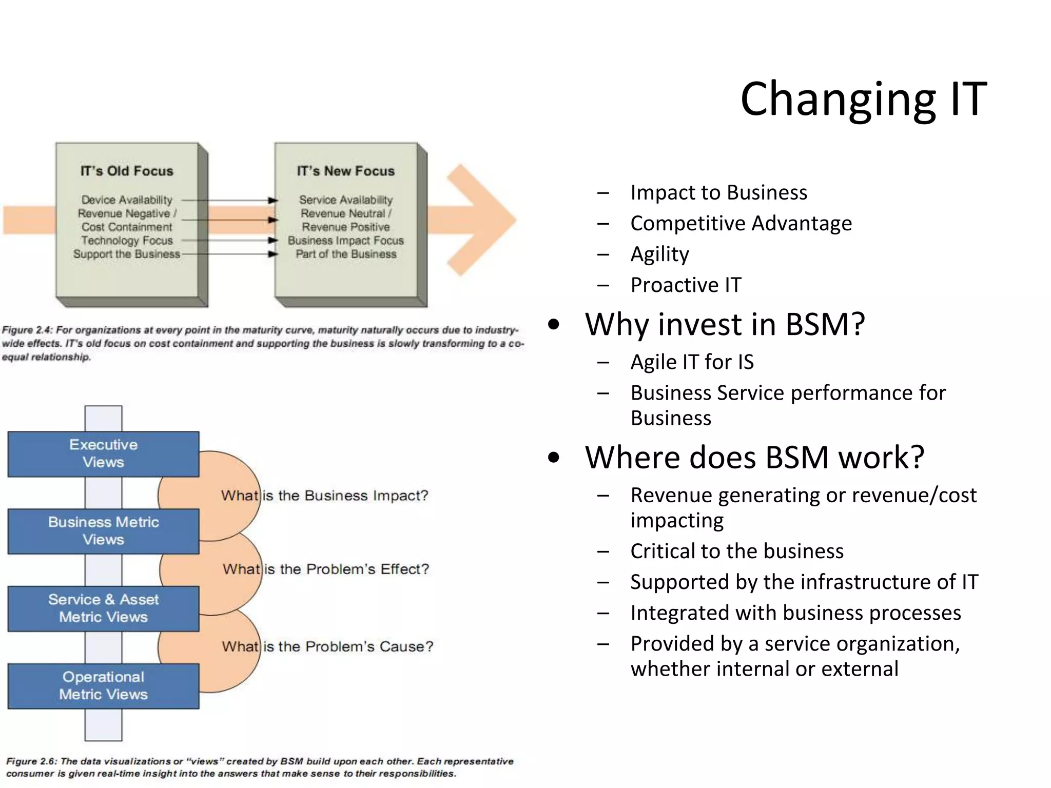 Changing IT
   –   Impact to Business
   –   Competitive Advantage
   –   Agility
   –   Proactive IT
• Why invest in BSM?
   – Agile IT for IS
   – Business Service performance for
     Business
• Where does BSM work?
   – Revenue generating or revenue/cost
     impacting
   – Critical to the business
   – Supported by the infrastructure of IT
   – Integrated with business processes
   – Provided by a service organization,
     whether internal or external
 