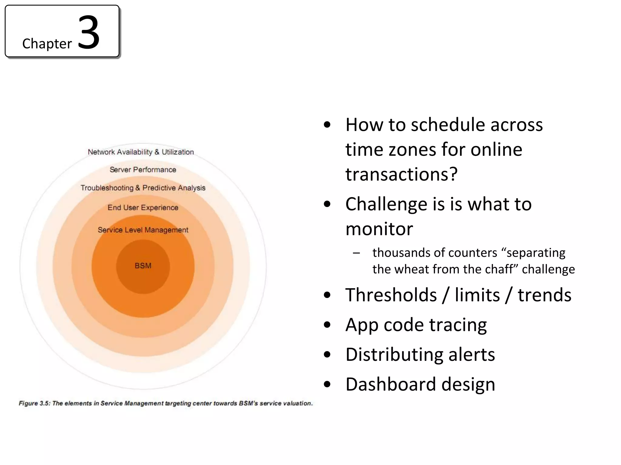 Chapter   3
              • How to schedule across
                time zones for online
                transactions?
              • Challenge is is what to
                monitor
                  – thousands of counters “separating
                    the wheat from the chaff” challenge

              •   Thresholds / limits / trends
              •   App code tracing
              •   Distributing alerts
              •   Dashboard design
 